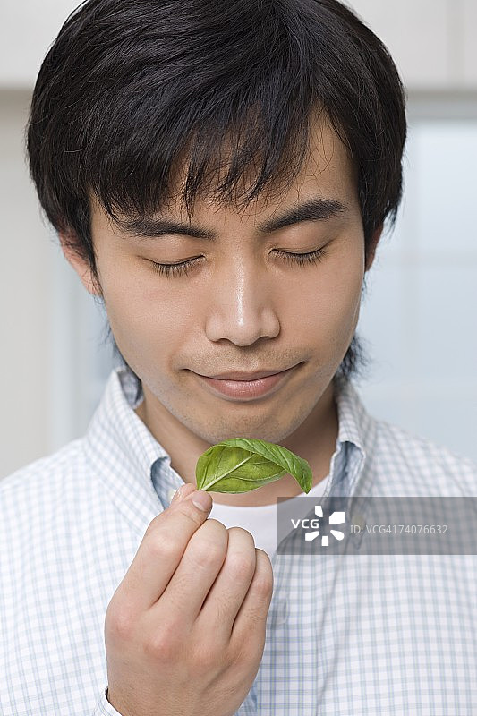 男子闻罗勒叶图片素材