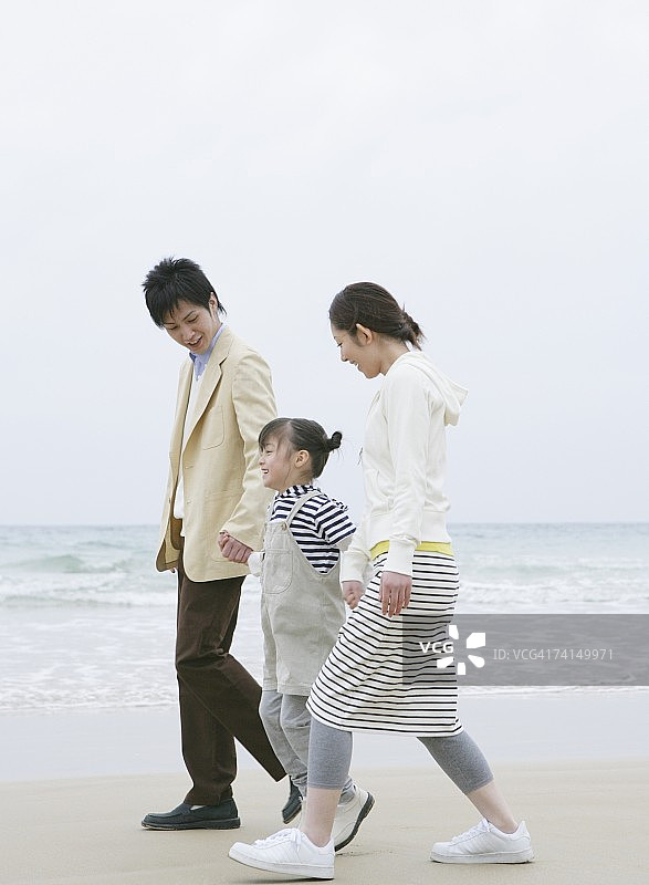 日本夫妇和女儿手牵手在沙滩上散步图片素材