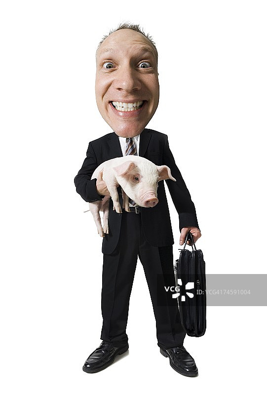 拿着公文包和小猪的商人漫画图片素材