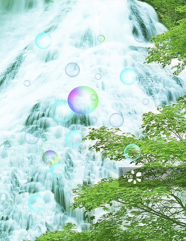 瀑布附近的树木和气泡景色（数字合成）图片素材
