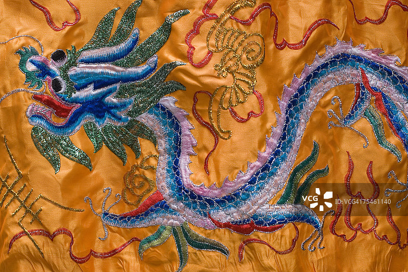 美国纽约市：道观庆祝活动上展示的刺绣中国龙banner（近摄）图片素材
