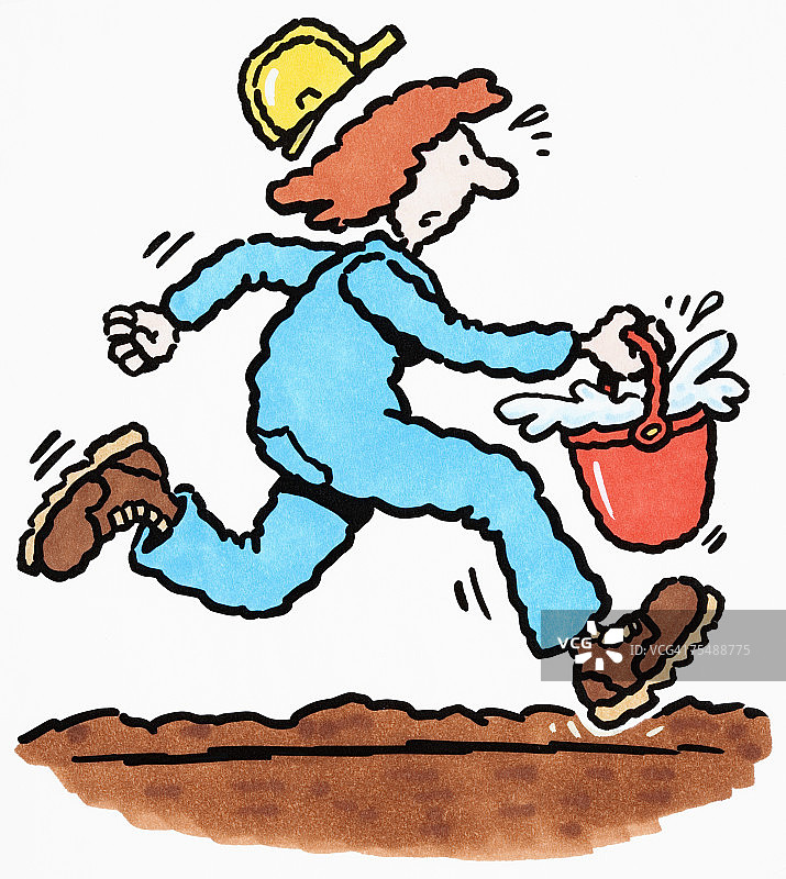 卡通：穿蓝色工作服的男人提着红水桶奔跑，黄色安全帽飞落，水花四溅图片素材