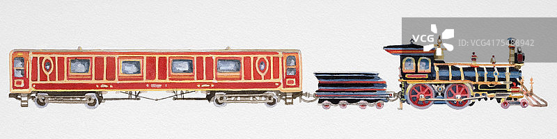 装饰华丽的蒸汽火车，带黑色机车和红色车厢，侧视图图片素材