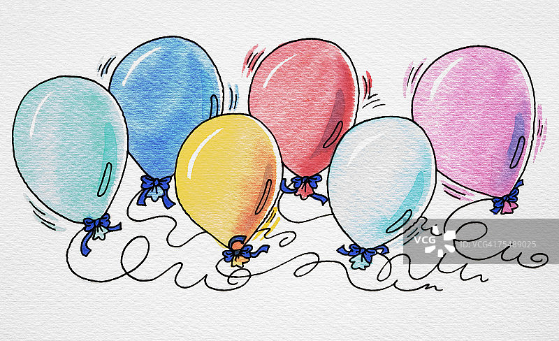 用蓝色蝴蝶结系着的六个彩色气球卡通图片素材