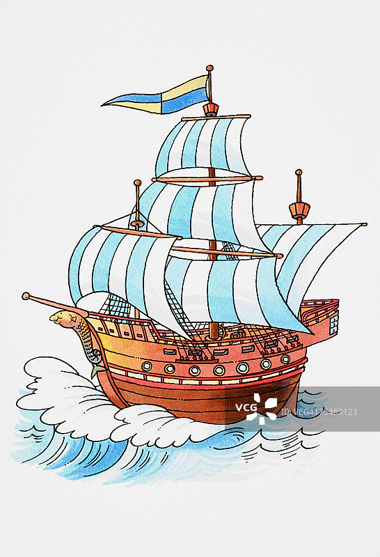 卡通：在波涛汹涌的海面上航行的木制帆船图片素材