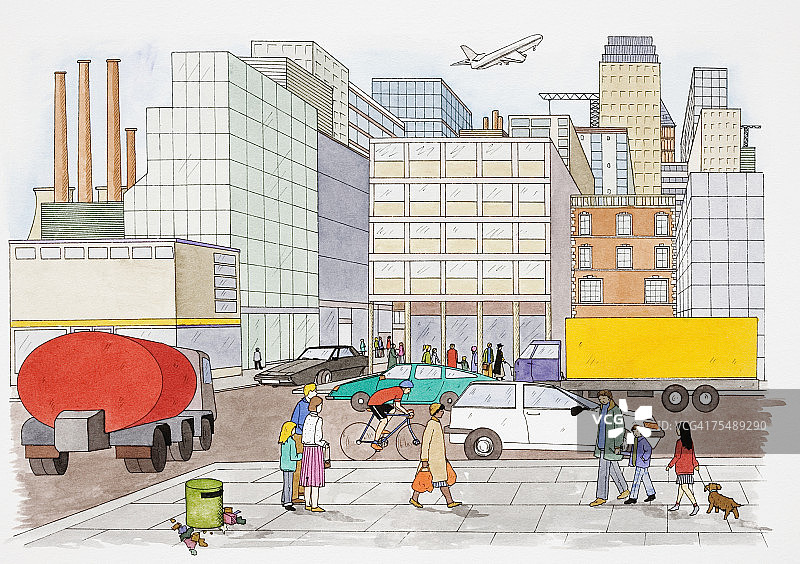 熙熙攘攘的城市街道，车辆和行人穿梭于高楼大厦之间，远处飞机起飞，烟囱林立图片素材