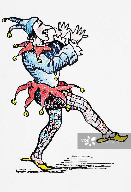 穿着红蓝色服装、戴着铃铛的宫廷小丑向前走图片素材