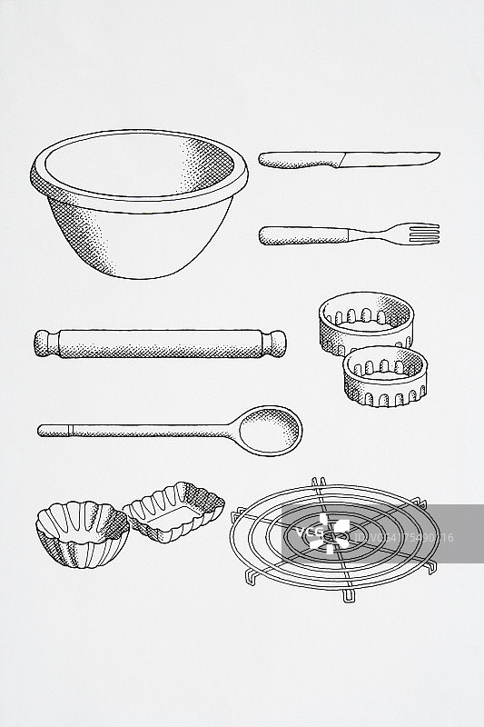 厨师的厨房用具精选，包括刀、叉、糕点切割器、金属丝架、派对罐头、擀面杖、木勺、线条画图片素材