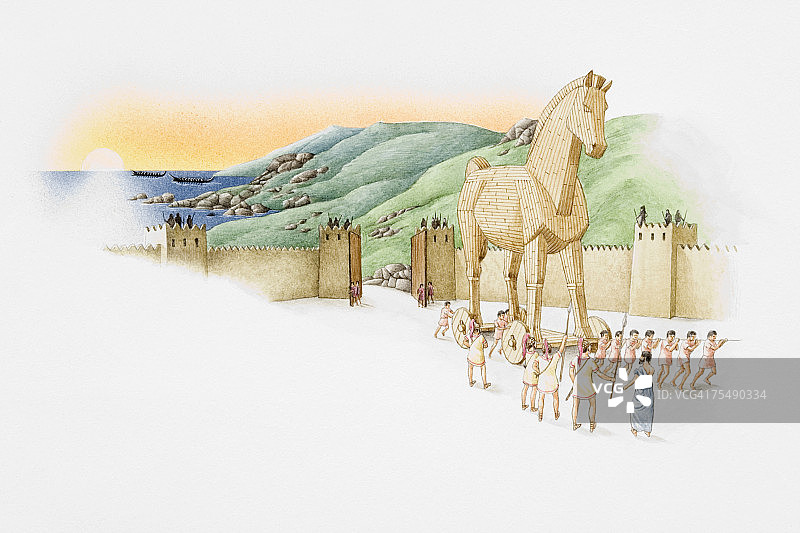 特洛伊战争：希腊勇士引导的巨型空心木马图片素材