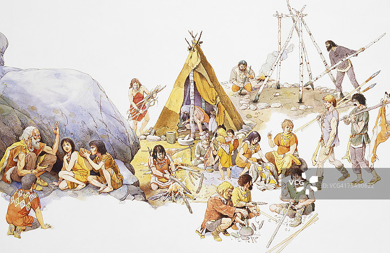 旧石器时代的人们，聚集在家庭群体中，在火堆旁建造住所图片素材