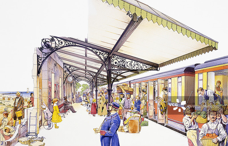 维多利亚时代火车站的繁忙站台图片素材