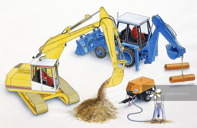挖掘机卡车、挖掘机和用气动钻与压缩机在地上钻孔的男人图片素材