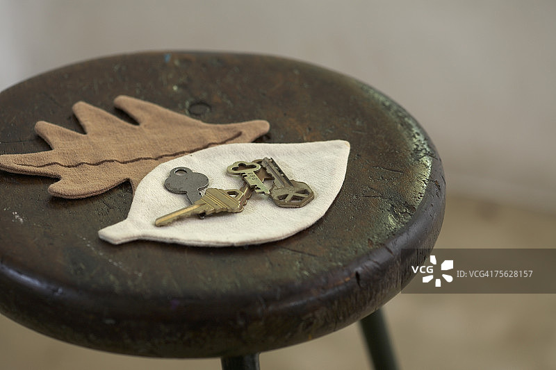 木凳上叶形垫子上的钥匙特写图片素材