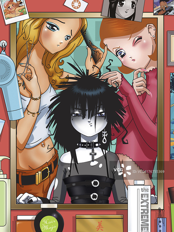 美容师检查哥特风女性的头发图片素材