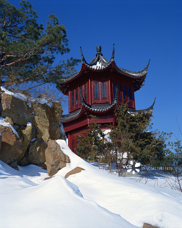 冬季中国园林，魁北克蒙特利尔植物园图片素材