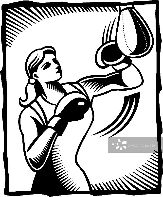 女子拳击训练黑白素描图片素材