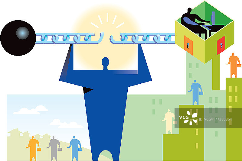 男人挣脱束缚办公室职员的铁球锁链图片素材