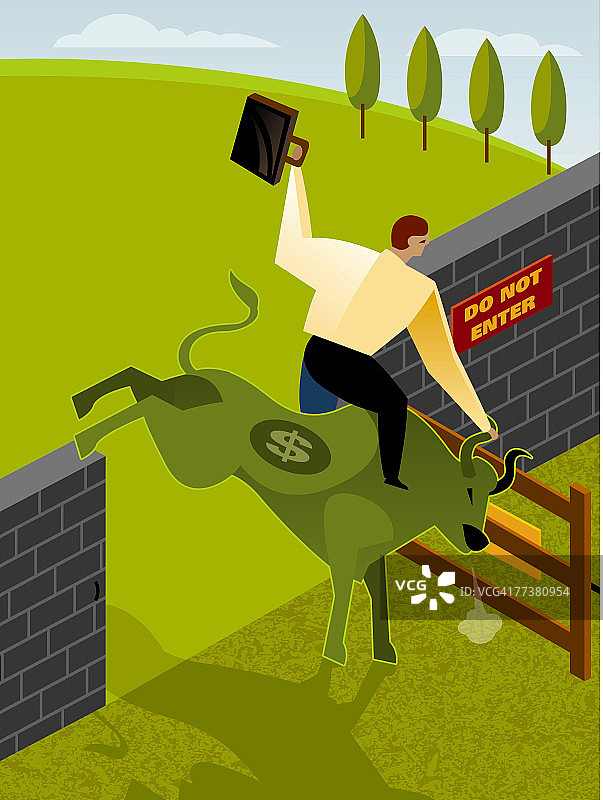 男人骑着一头带有美元符号的公牛图片素材