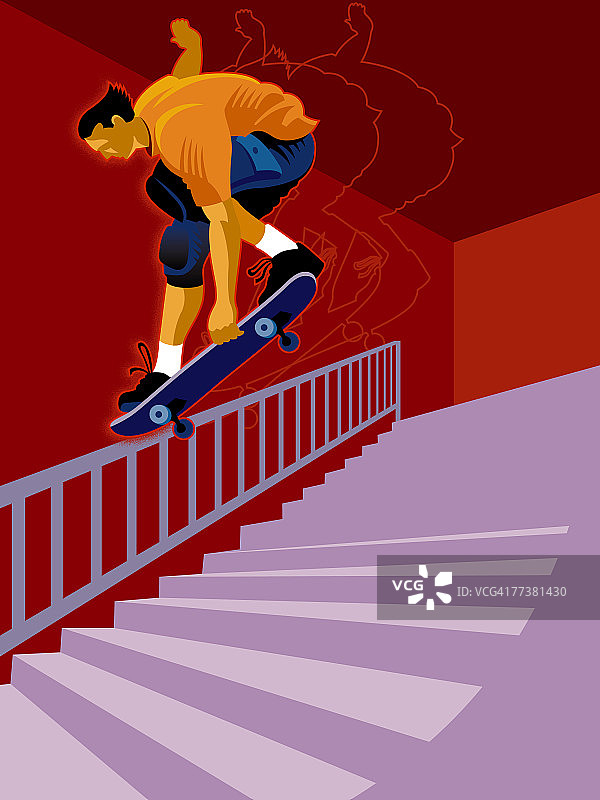 男孩在栏杆上玩滑板图片素材