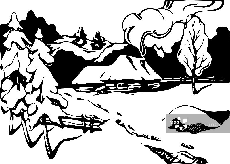 黑白雪景中的冬季小屋图片素材