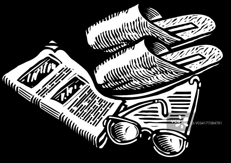 拖鞋、眼镜和报纸的黑白插图图片素材