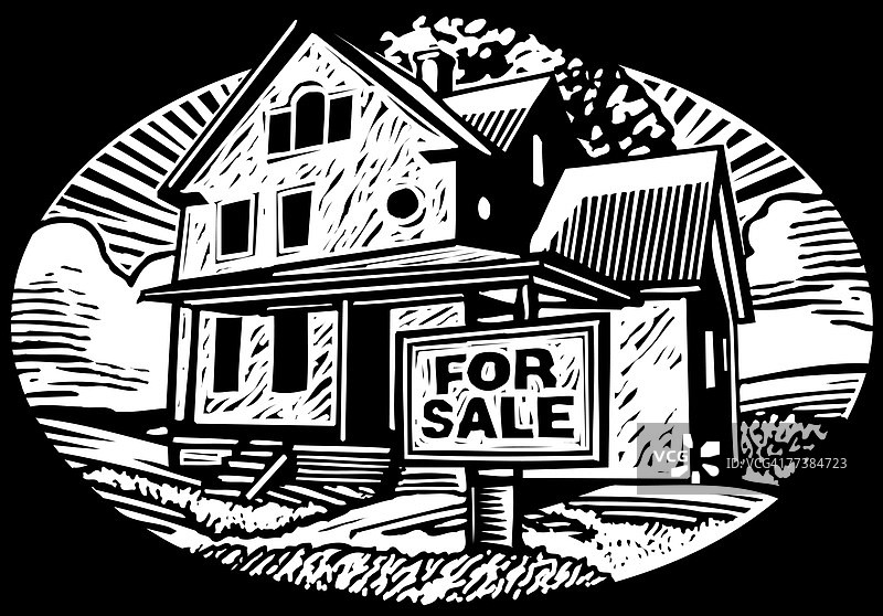 房屋出售标志的椭圆形黑白照片图片素材