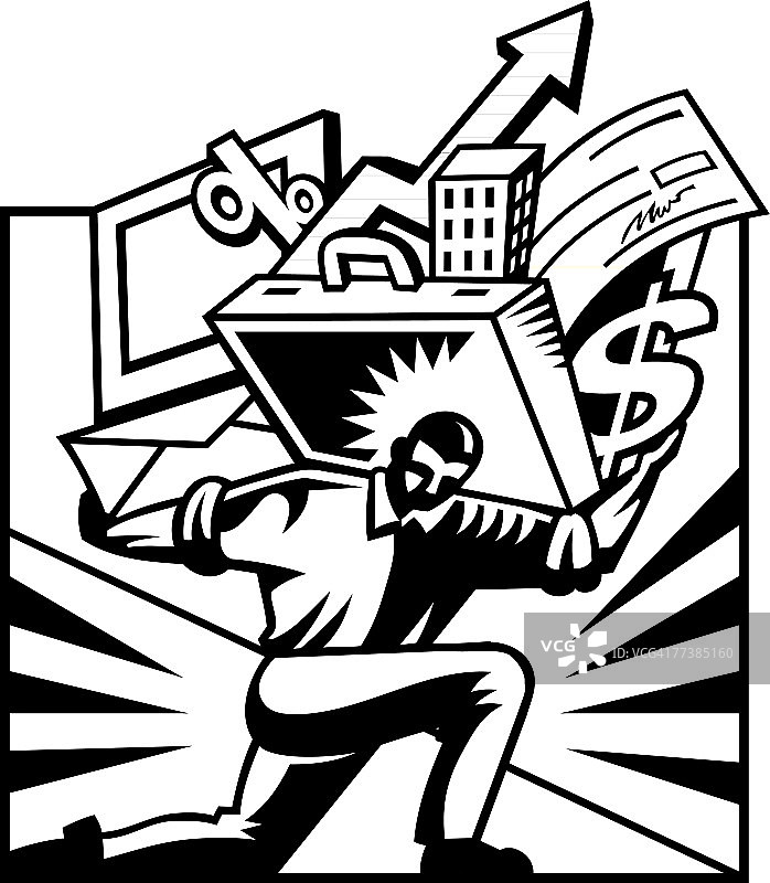 一个男人拿着电脑和装满各种物品的公文包图片素材