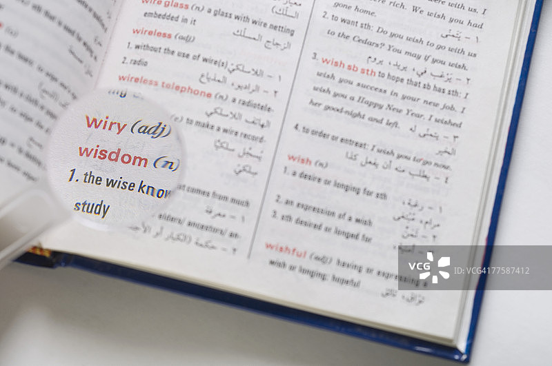 字典上的放大镜特写，高角度视图图片素材