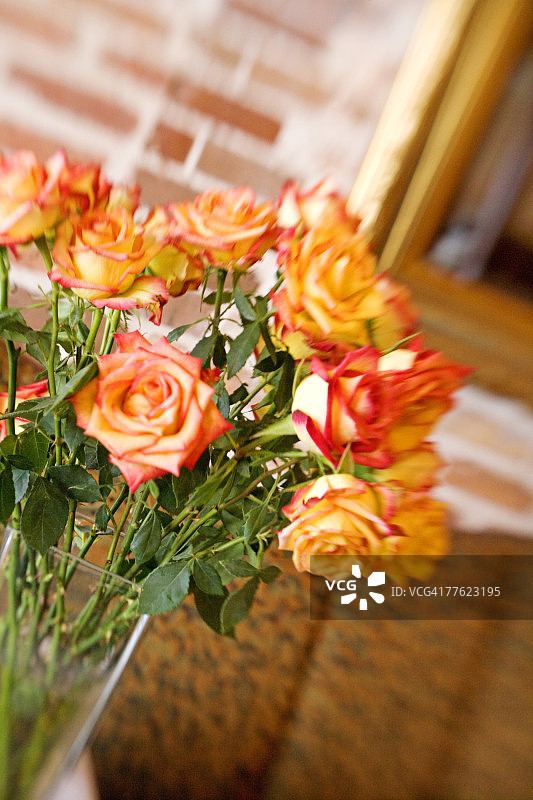 砖墙旁的红黄玫瑰花束图片素材