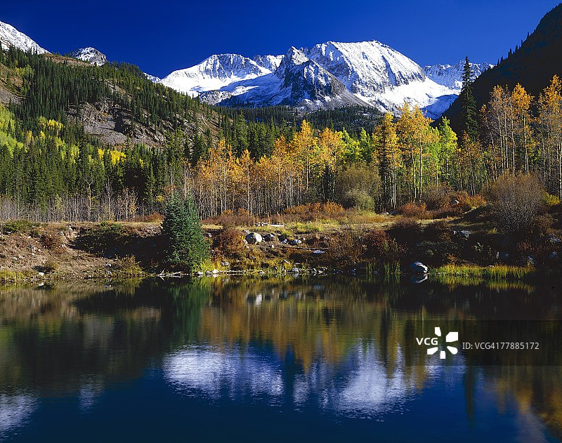 池塘倒影山峦，城堡溪谷风光图片素材
