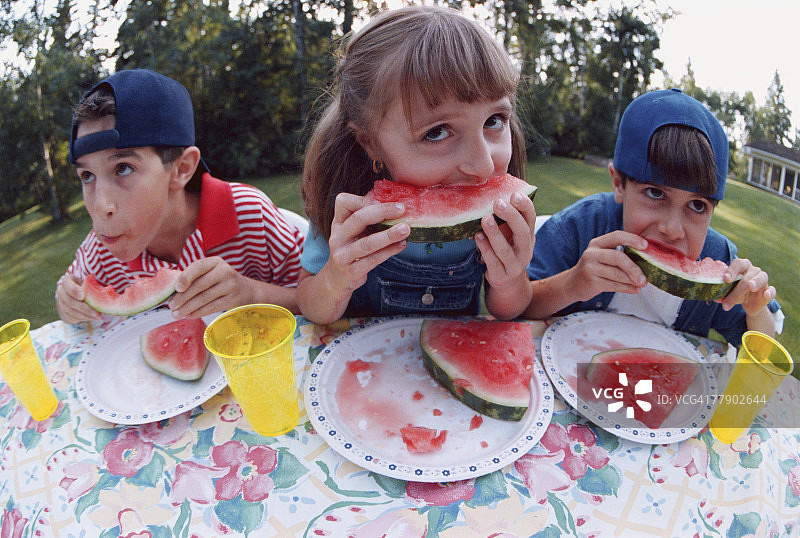 三个孩子在野餐桌旁吃西瓜图片素材