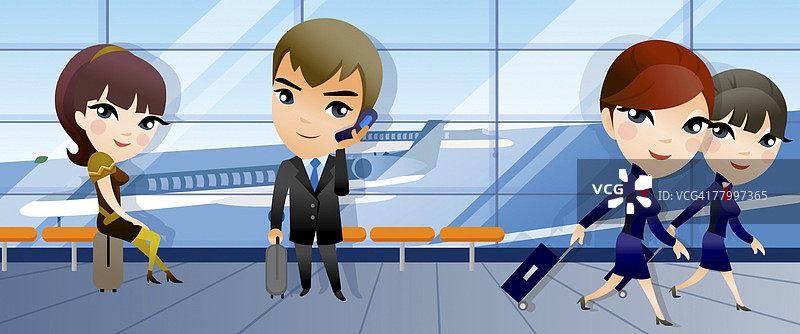 三位女性和一位商人在机场休息室图片素材