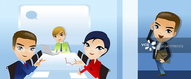 两位商人和一位女商人坐在会议室里，一位商人正在用手机交谈图片素材