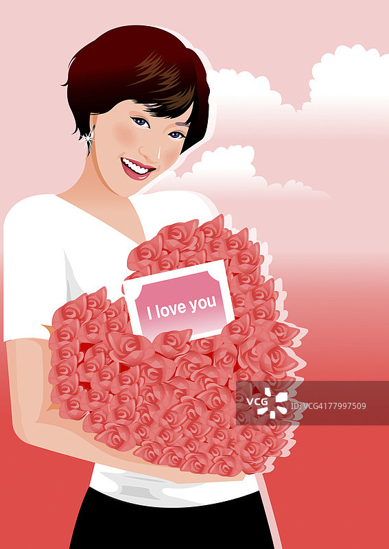 手捧心形花束微笑的女人图片素材