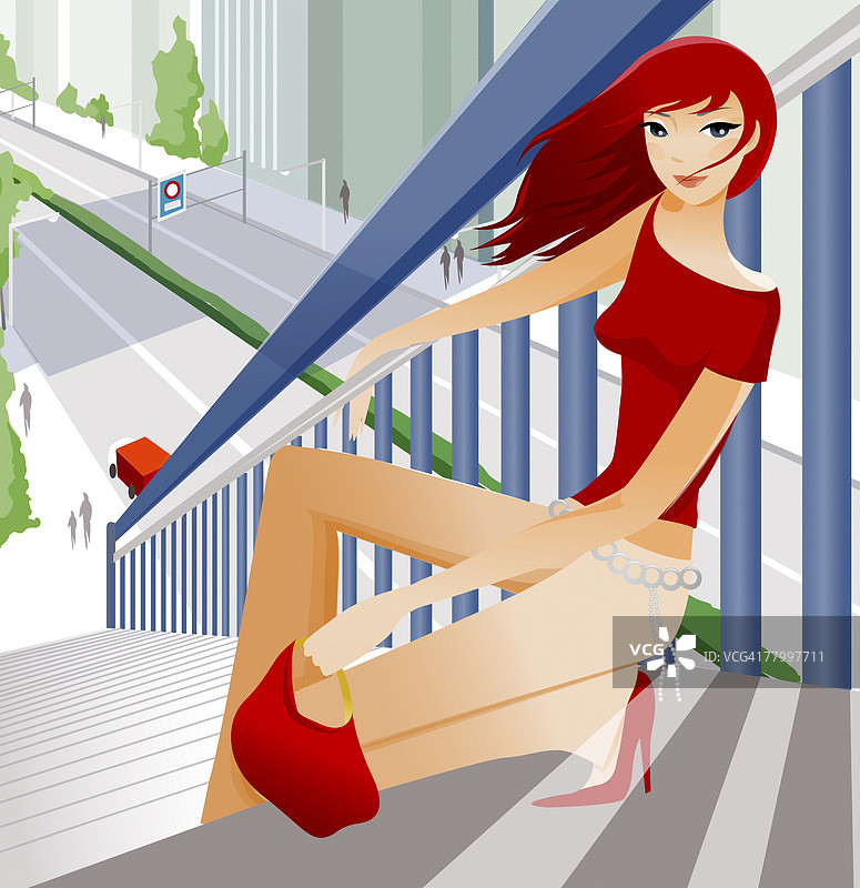 坐在楼梯上的女人肖像图片素材