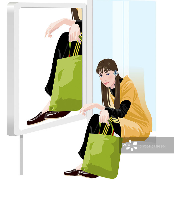 听音乐并提着购物袋的女子肖像图片素材