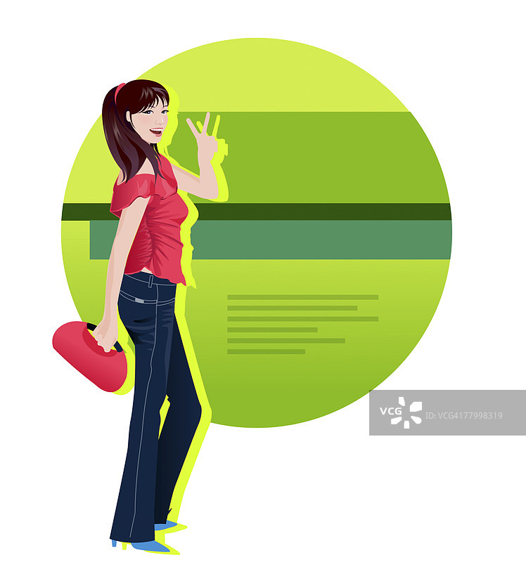 站在海报旁微笑的女人侧面轮廓照图片素材