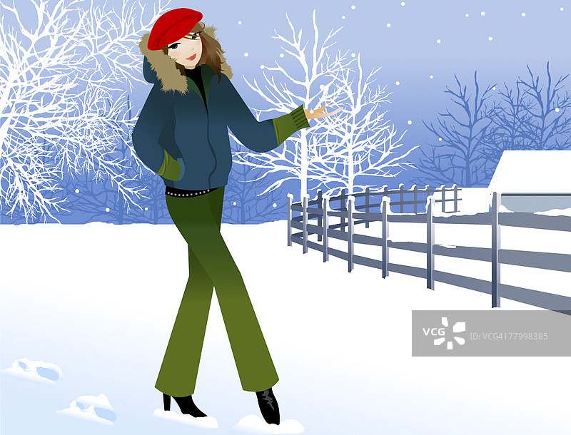 在雪地里行走的女人肖像图片素材