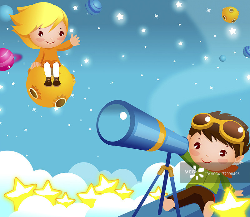 男孩用望远镜观察，一个女孩坐在不明飞行物上图片素材