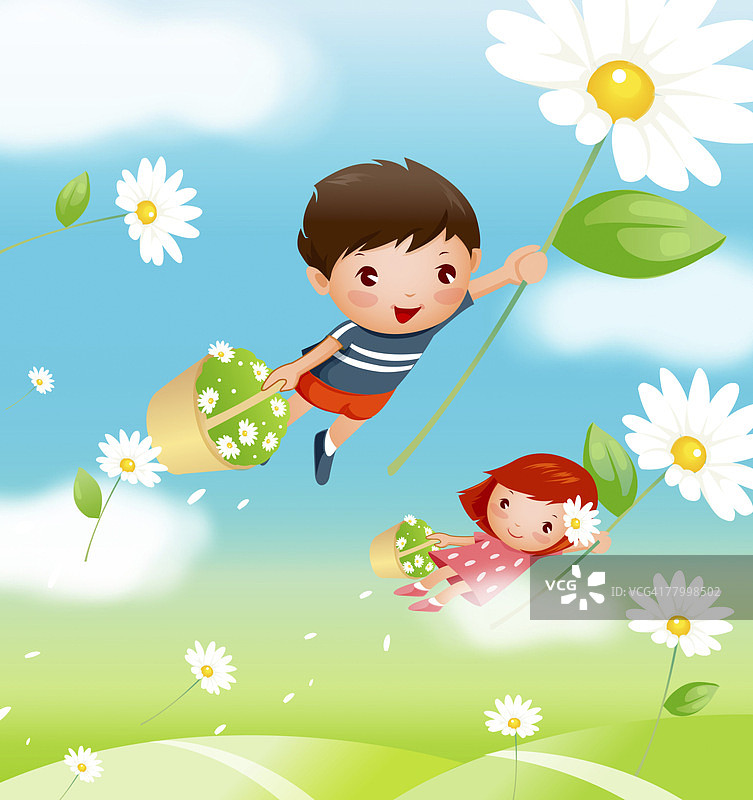 男孩和女孩提着花篮在田野上飞翔图片素材