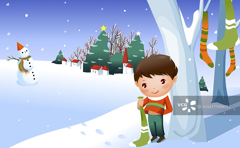 男孩拿着圣诞袜，背景是雪人图片素材