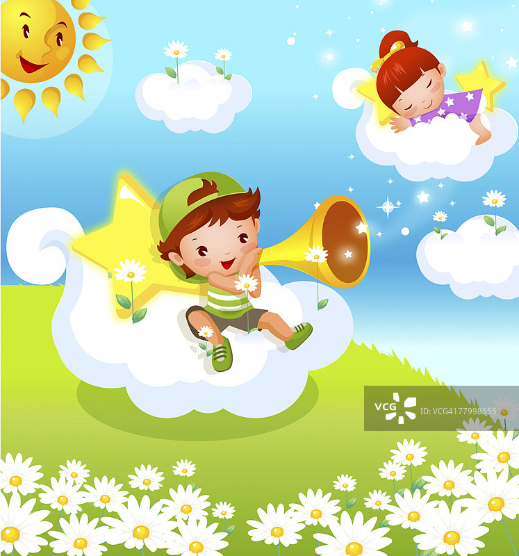 男孩吹扩音器，女孩云端熟睡图片素材