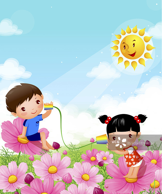 男孩和女孩坐在鲜花上玩着罐头电话图片素材