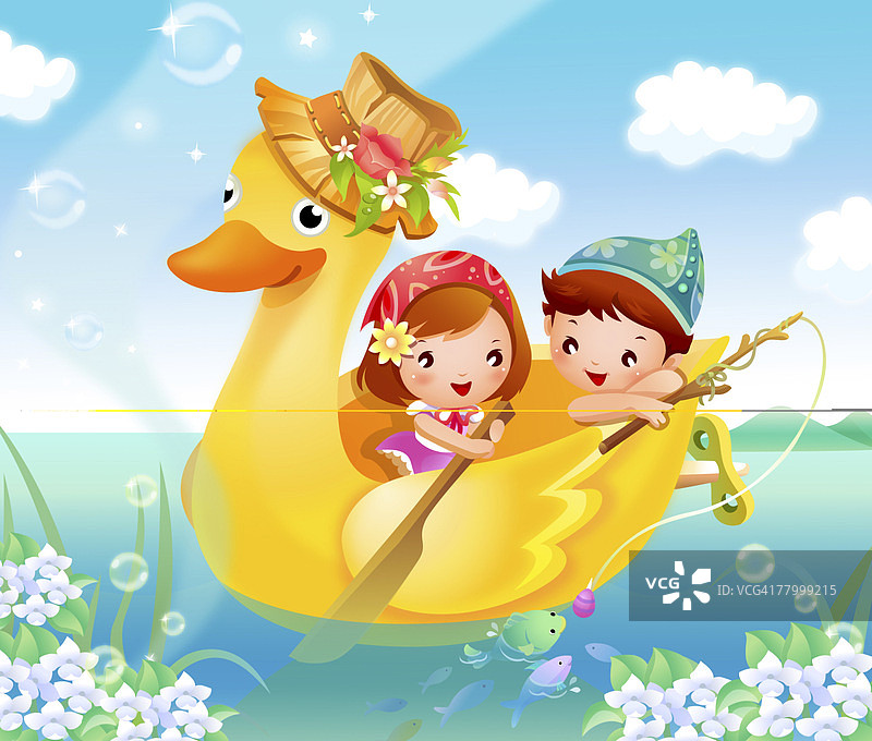 男孩和女孩坐在鸭子船上漂浮图片素材