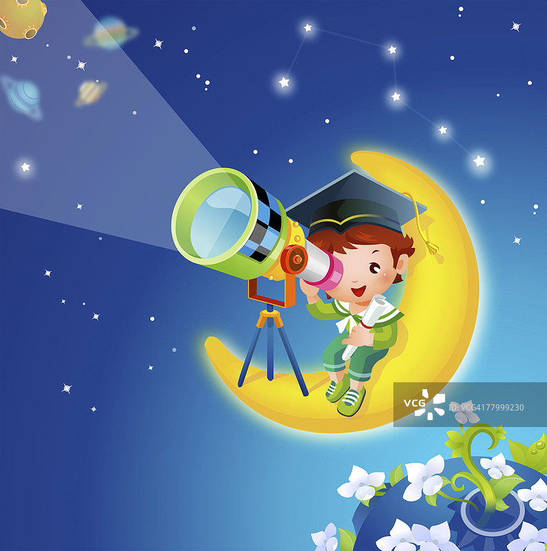 男孩坐着，用手持望远镜观察图片素材