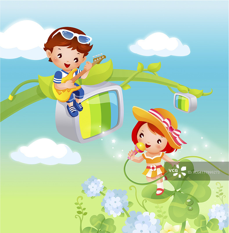 男孩弹吉他，女孩唱歌图片素材