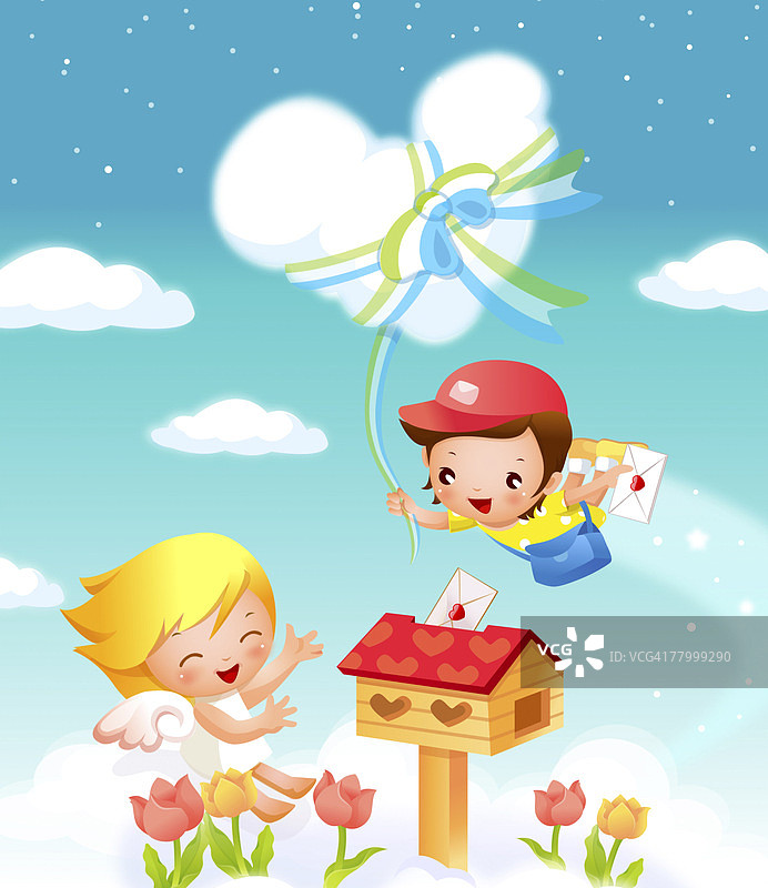男孩在云中投递情书图片素材