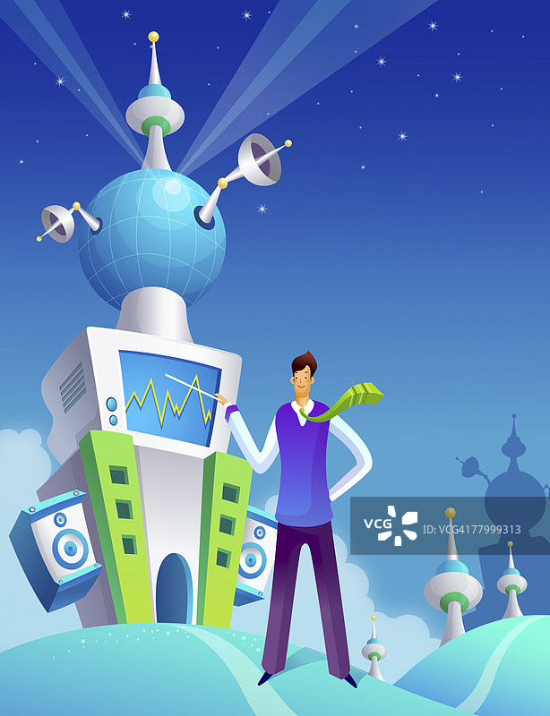 商人站着指向折线图图片素材