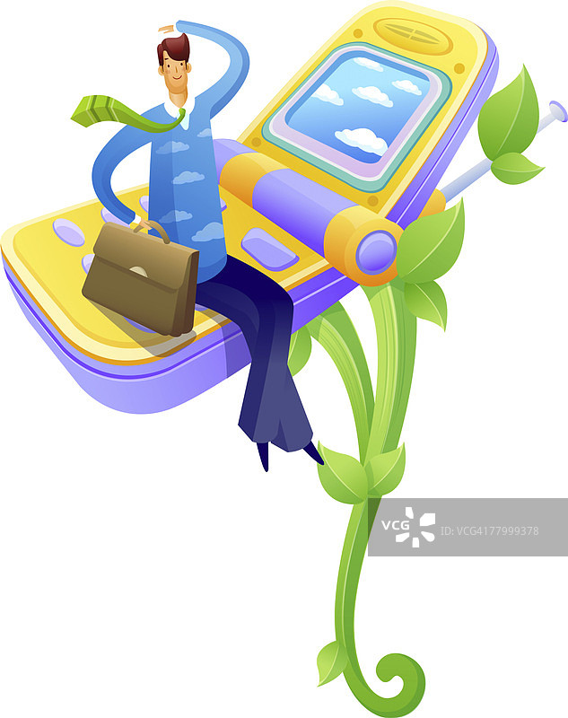 商人坐在翻盖手机上思考图片素材