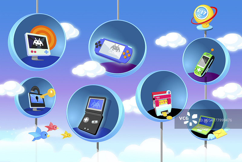 悬挂在圆圈中的电子产品图片素材